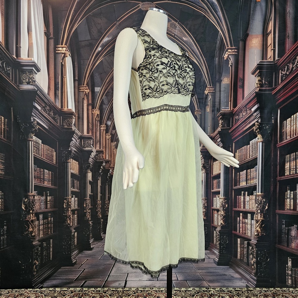 Vintage 1960s Lingerie Nightgown Slip Dress Yellow Black Lace Trim Retro Pinup - Picture 5 of 11